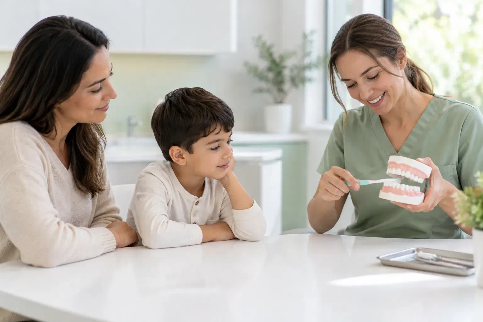 Illustrative child and parent watching a brushing demonstration on a dental model