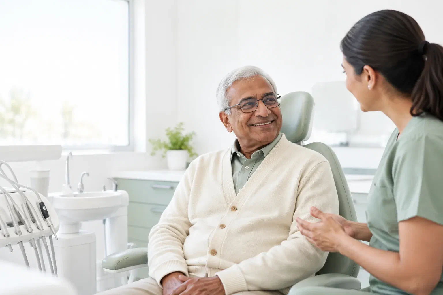 Illustrative older adult speaking with a hygienist before a cleaning visit