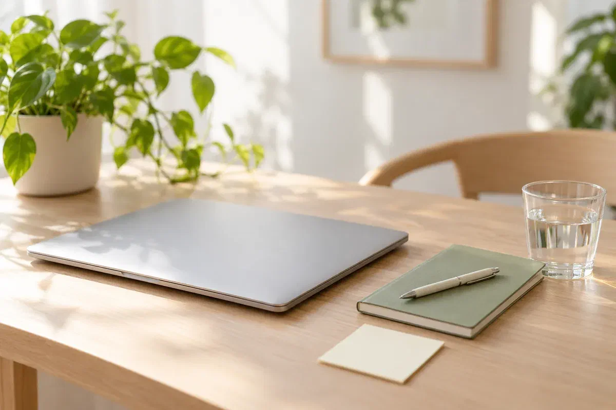 Illustrative calm desk with a notebook and blank reminder note for discussing daytime habits
