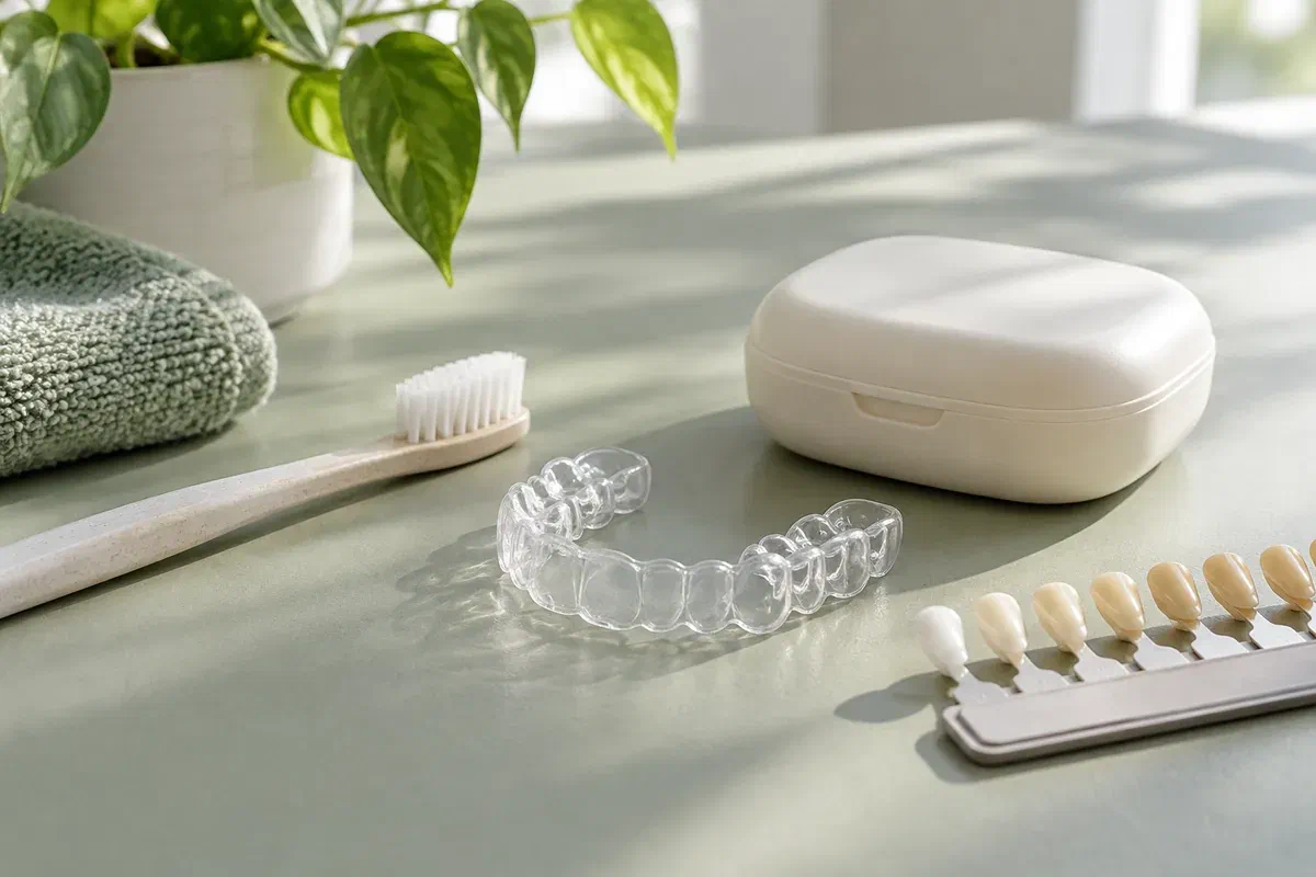 Illustrative soft toothbrush, empty dental tray, protective case, and natural tooth shade samples
