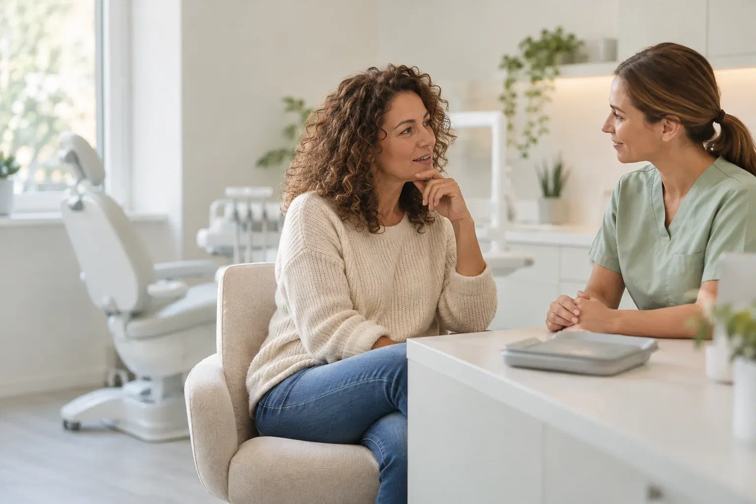 Illustrative patient discussing tooth sensitivity with a clinician before cosmetic treatment