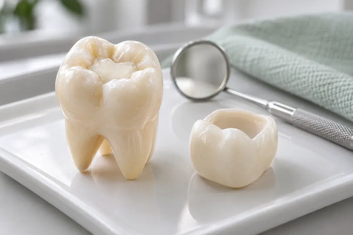 Illustrative molar model with a temporary filling beside a separate temporary crown