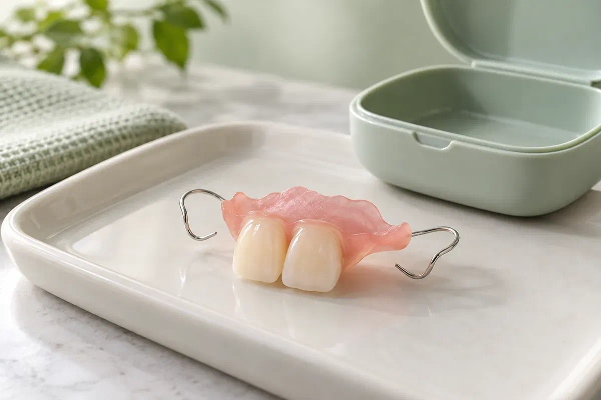 Illustrative removable acrylic partial appliance with two replacement front teeth