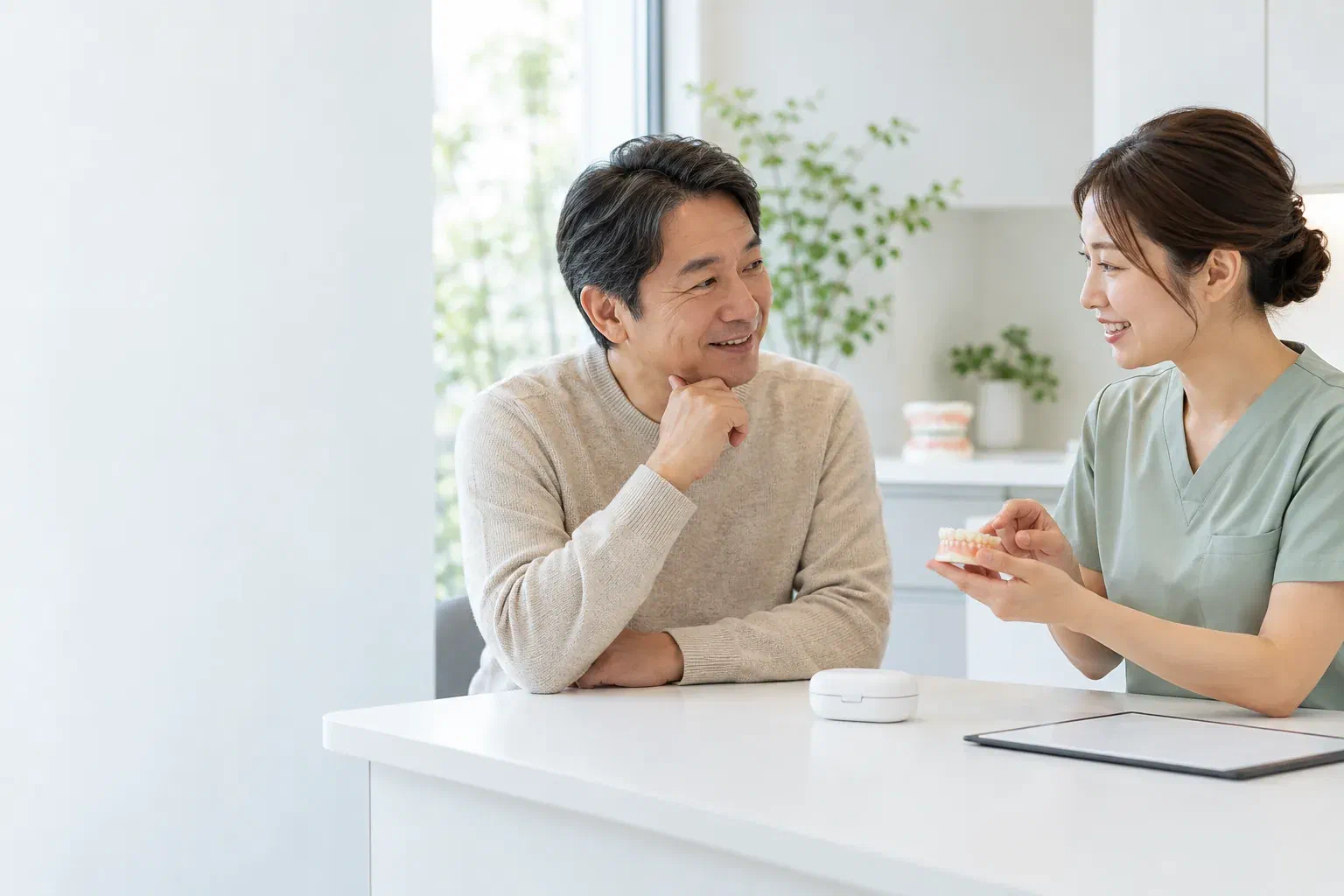 Illustrative consultation about a temporary replacement for missing teeth