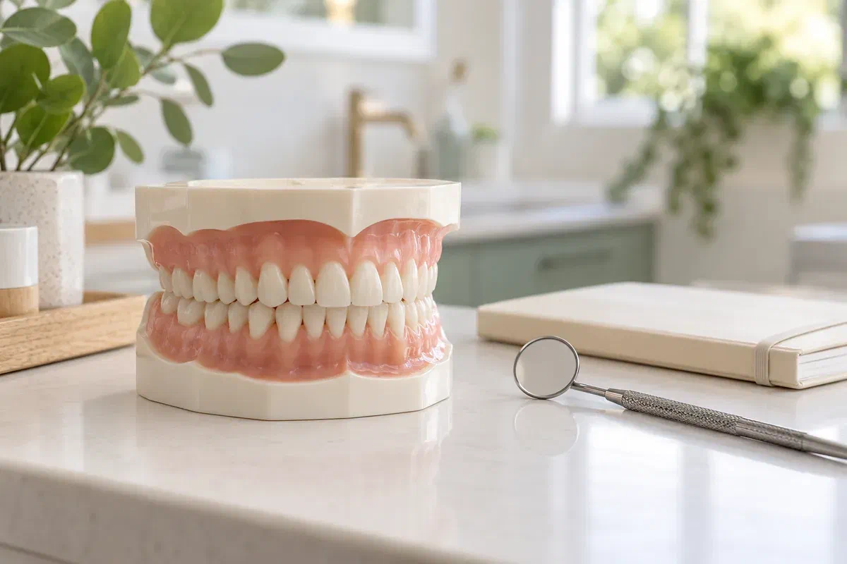 Illustrative supported dental teaching cast beside a mirror and closed notebook