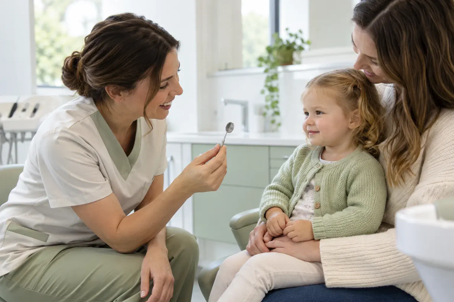 Illustrative toddler sitting on a parent’s lap while a clinician introduces a dental mirror