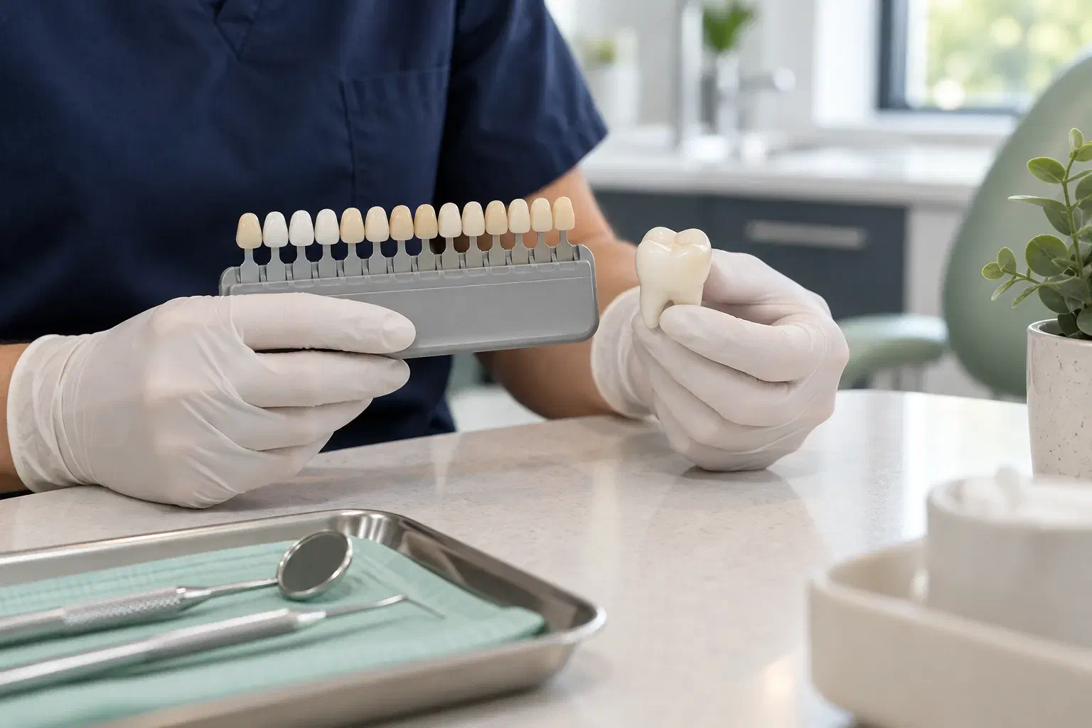 A dental shade guide and tooth model used to discuss a tooth-coloured restoration