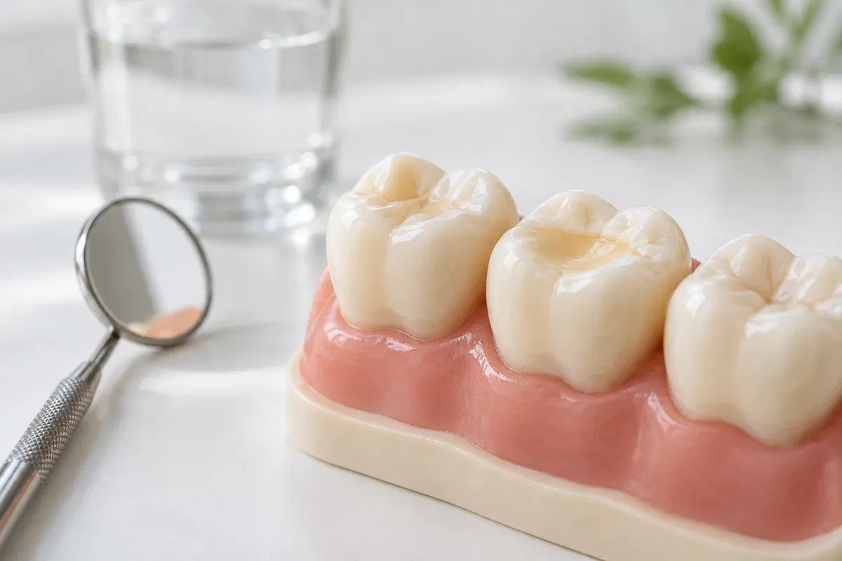 Illustrative dental teaching model with a shallow depression on a molar surface