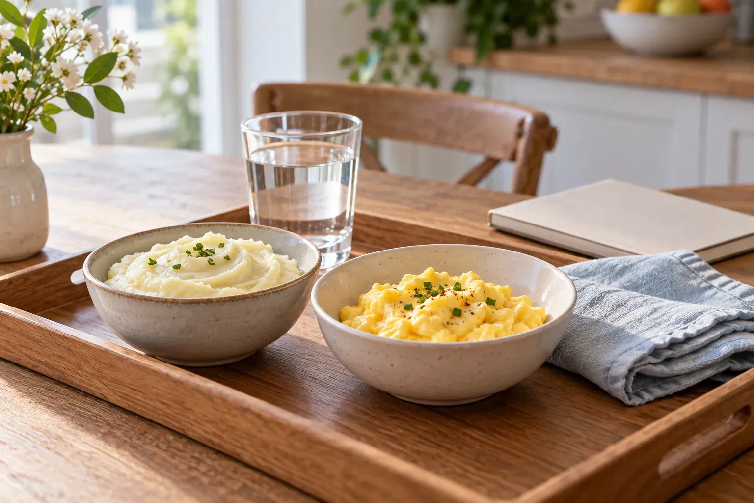 Soft foods and a glass of water prepared for a quiet day of recovery at home