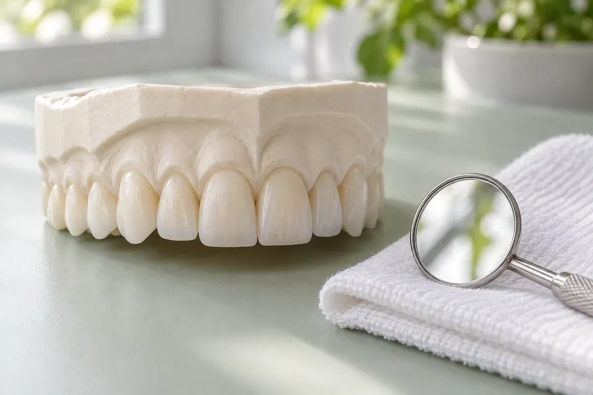 Illustrative dental teaching model with natural incisor edges beside a dental mirror