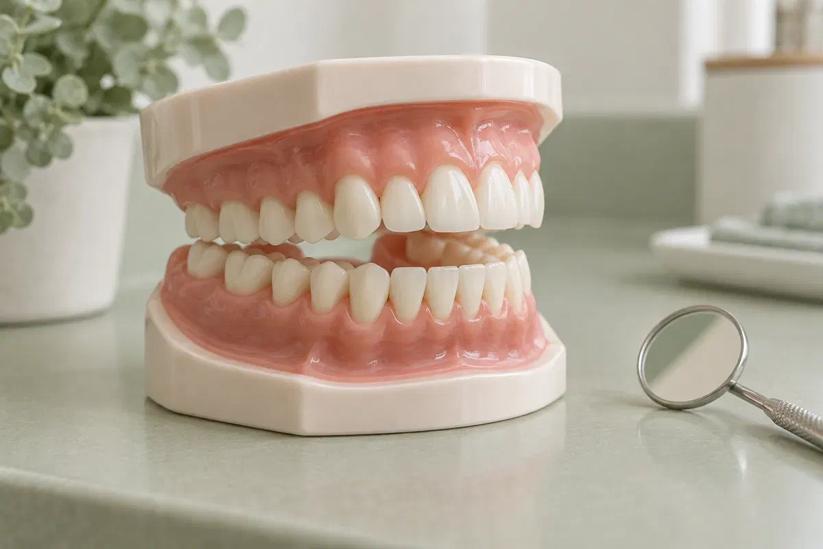 Illustrative paired upper and lower dental teaching model shown from an oblique side view