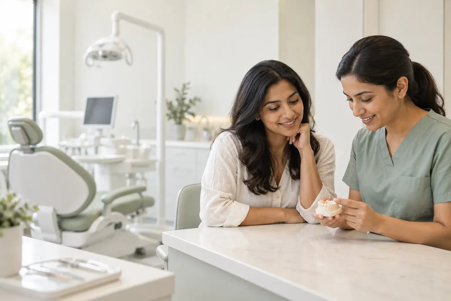 Illustrative patient discussing tooth crowding with a clinician and dental study model