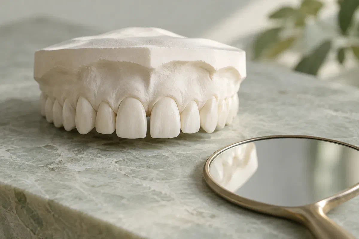 Illustrative upper dental cast with a small space between the central incisors beside a mirror