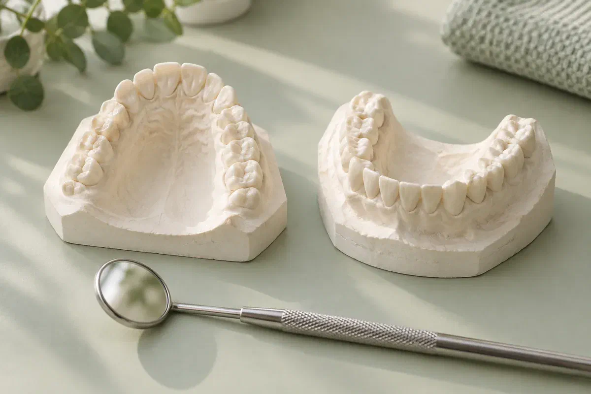 Illustrative upper and lower dental study casts arranged for a bite-planning discussion