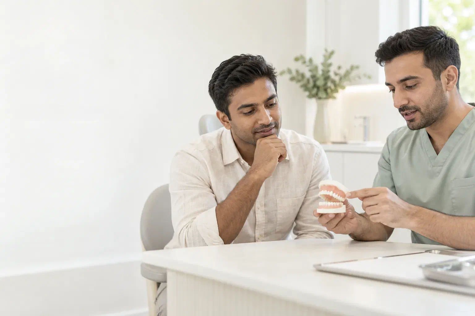 Illustrative patient and clinician reviewing upper and lower dental models during a bite discussion