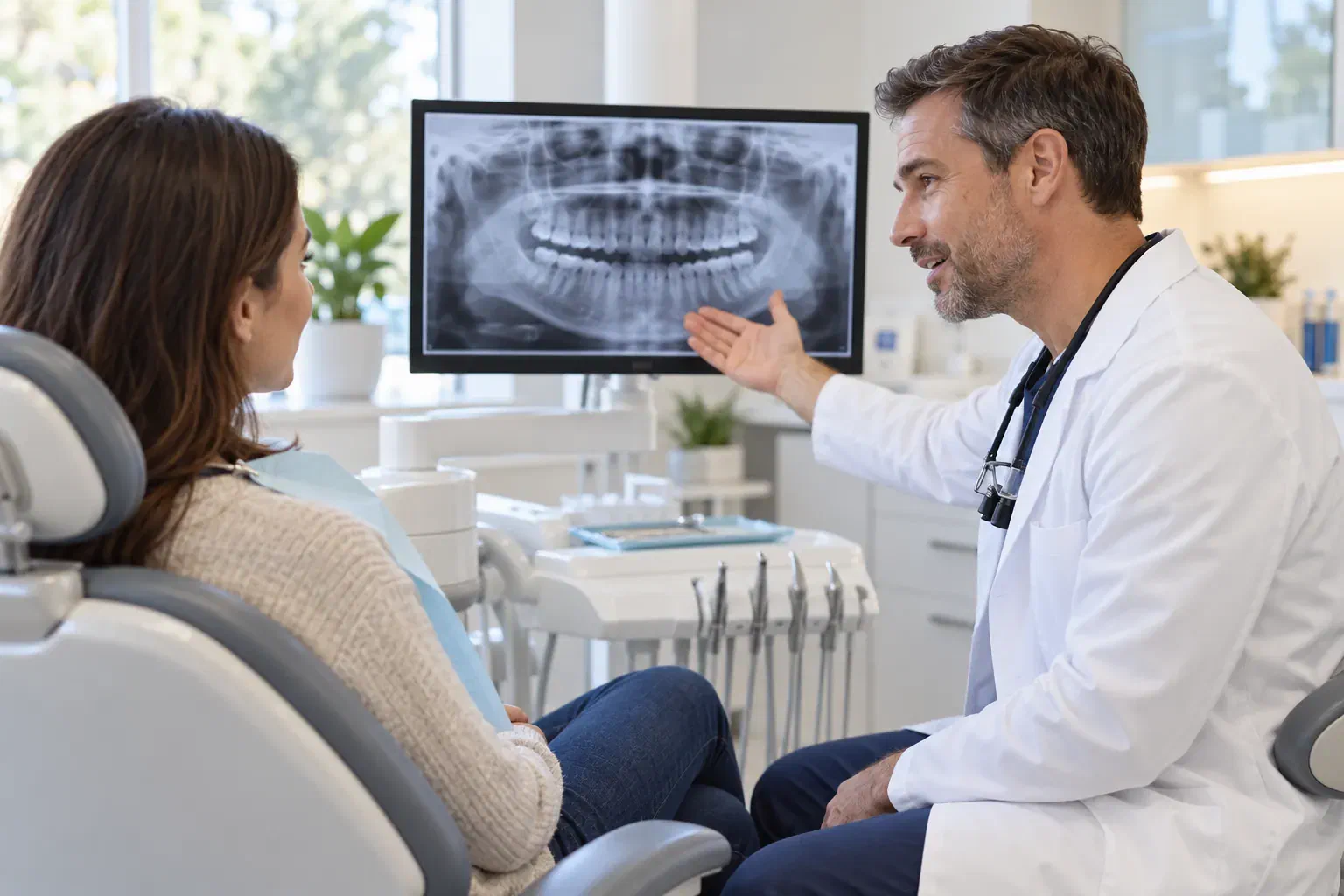 A dentist discussing an illustrative dental radiograph with a patient