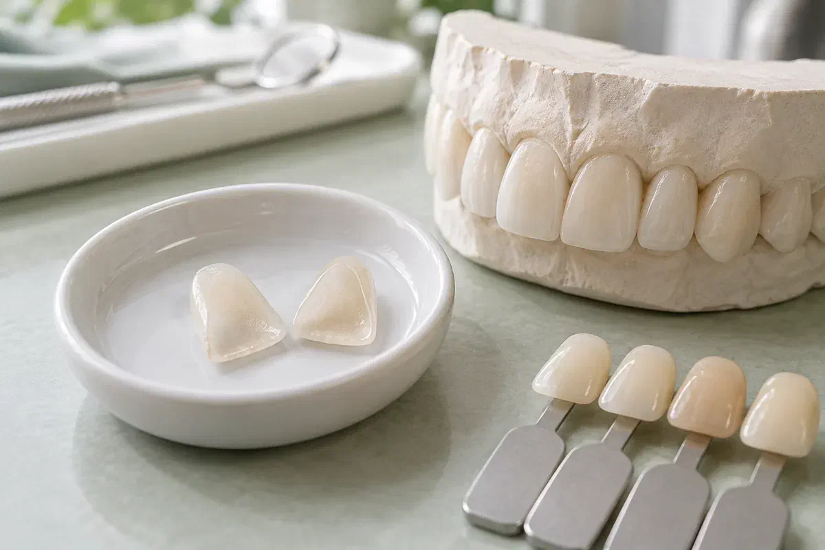 Illustrative thin ceramic veneer samples in a dish beside a dental cast and shade guide