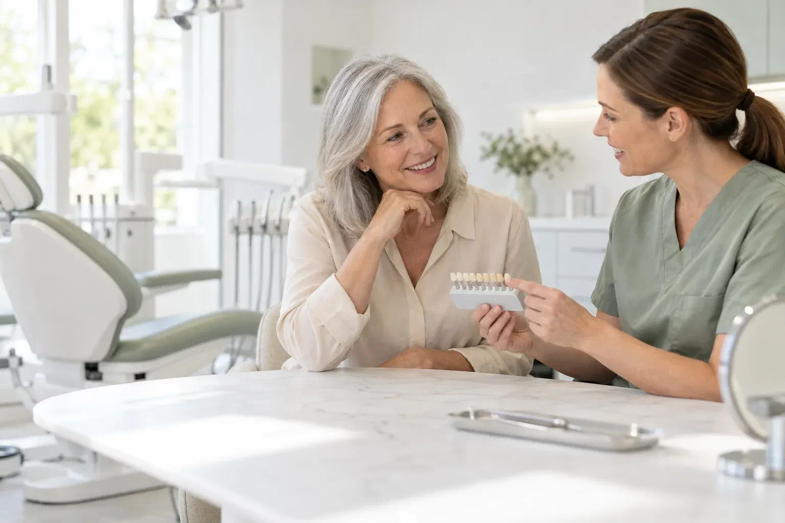 Illustrative patient and clinician reviewing natural tooth shades for an existing veneer concern