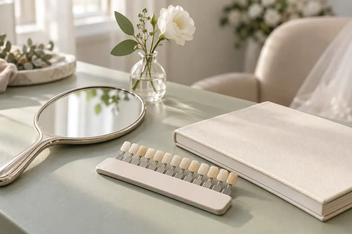 Illustrative consultation mirror and natural tooth shade samples beside a planner and white flower