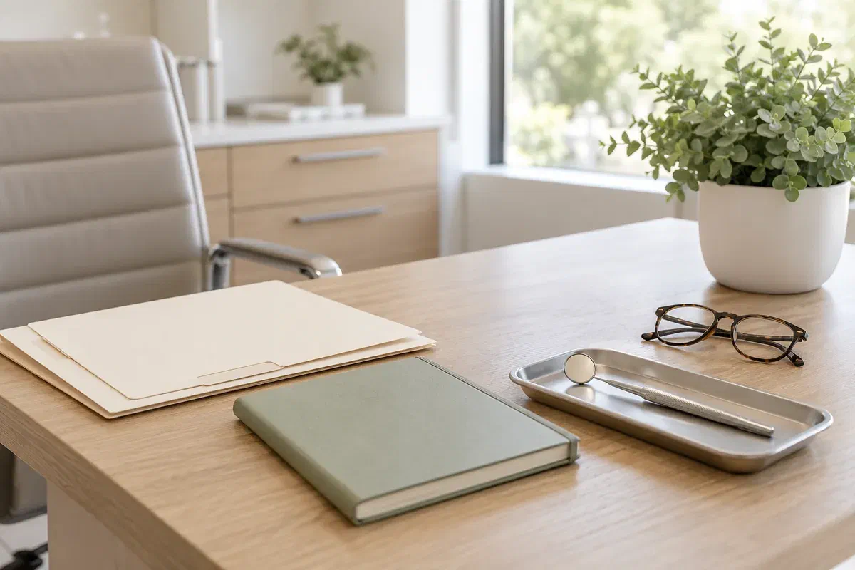Illustrative consultation desk with record folders, a notebook, and an examination mirror