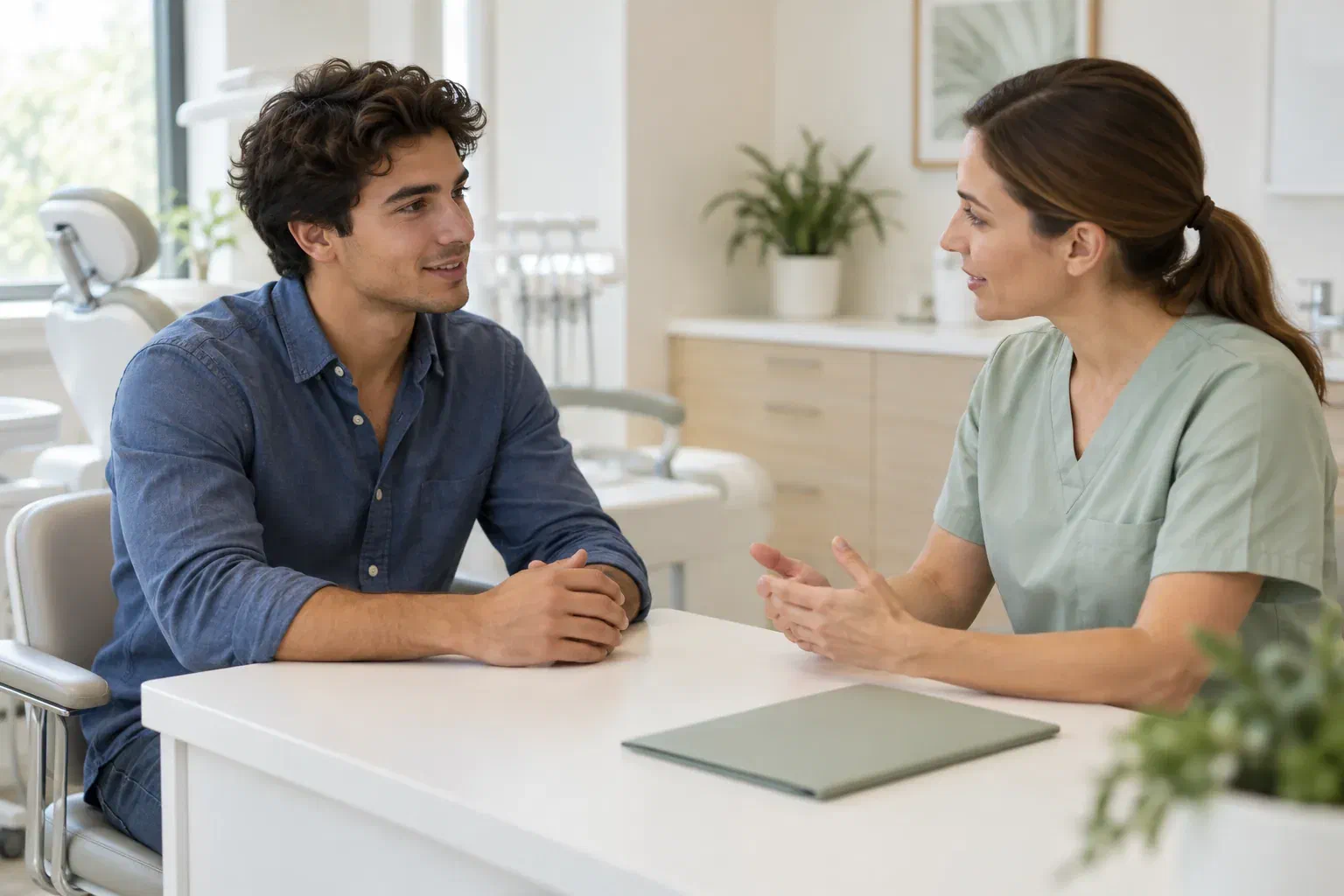 Illustrative young adult discussing a wisdom-teeth assessment with a dental clinician