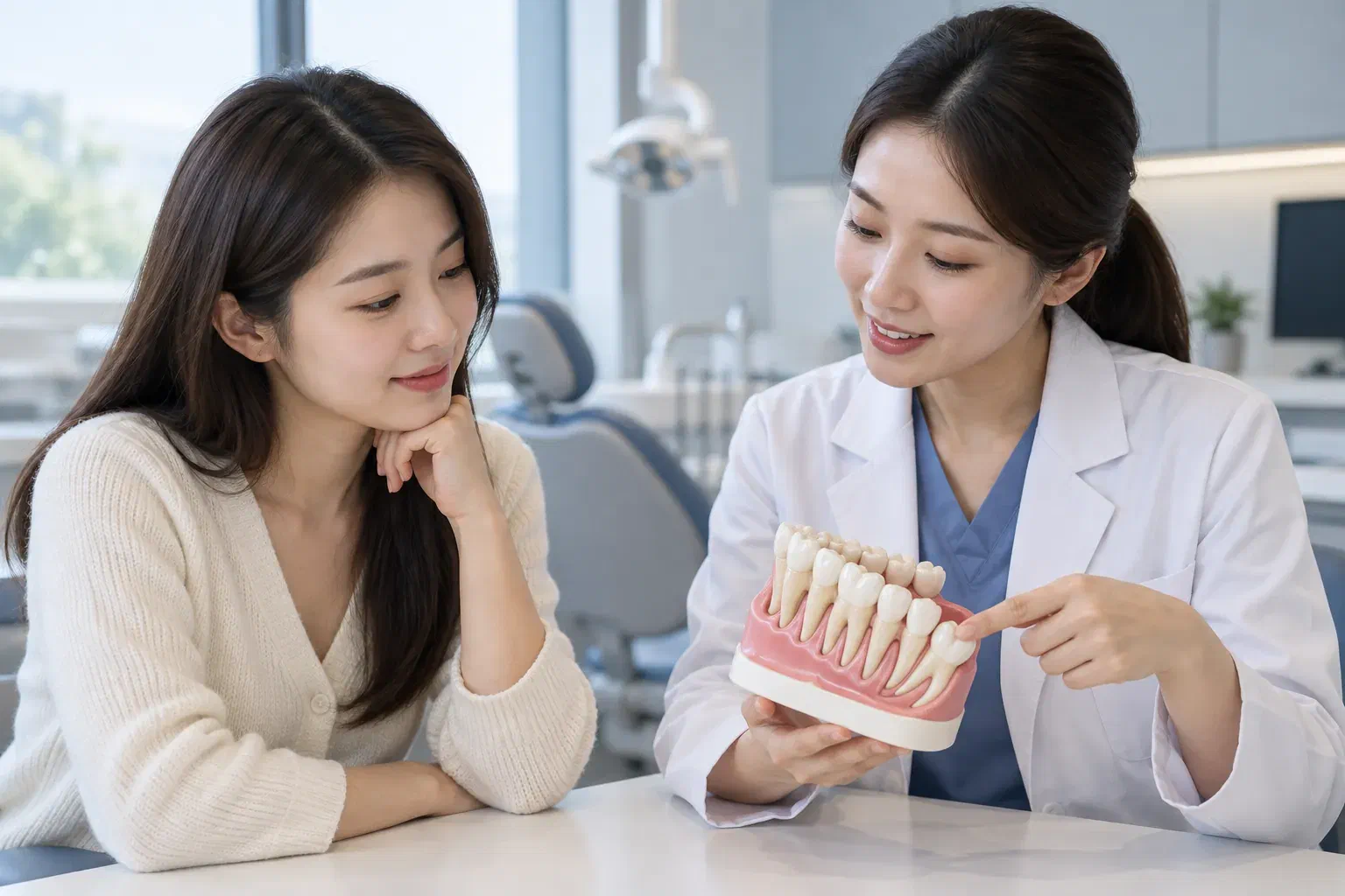 A young adult and dentist discussing the back teeth with a dental model