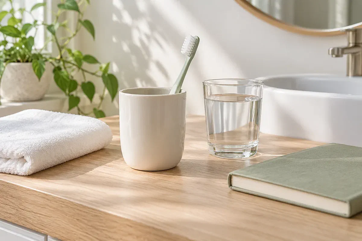 Illustrative soft toothbrush, glass of water, and clean towel for everyday oral care