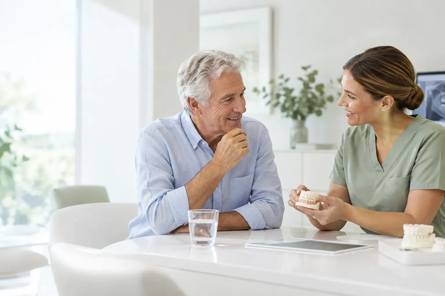 Illustrative consultation about restoring the shape and function of worn teeth